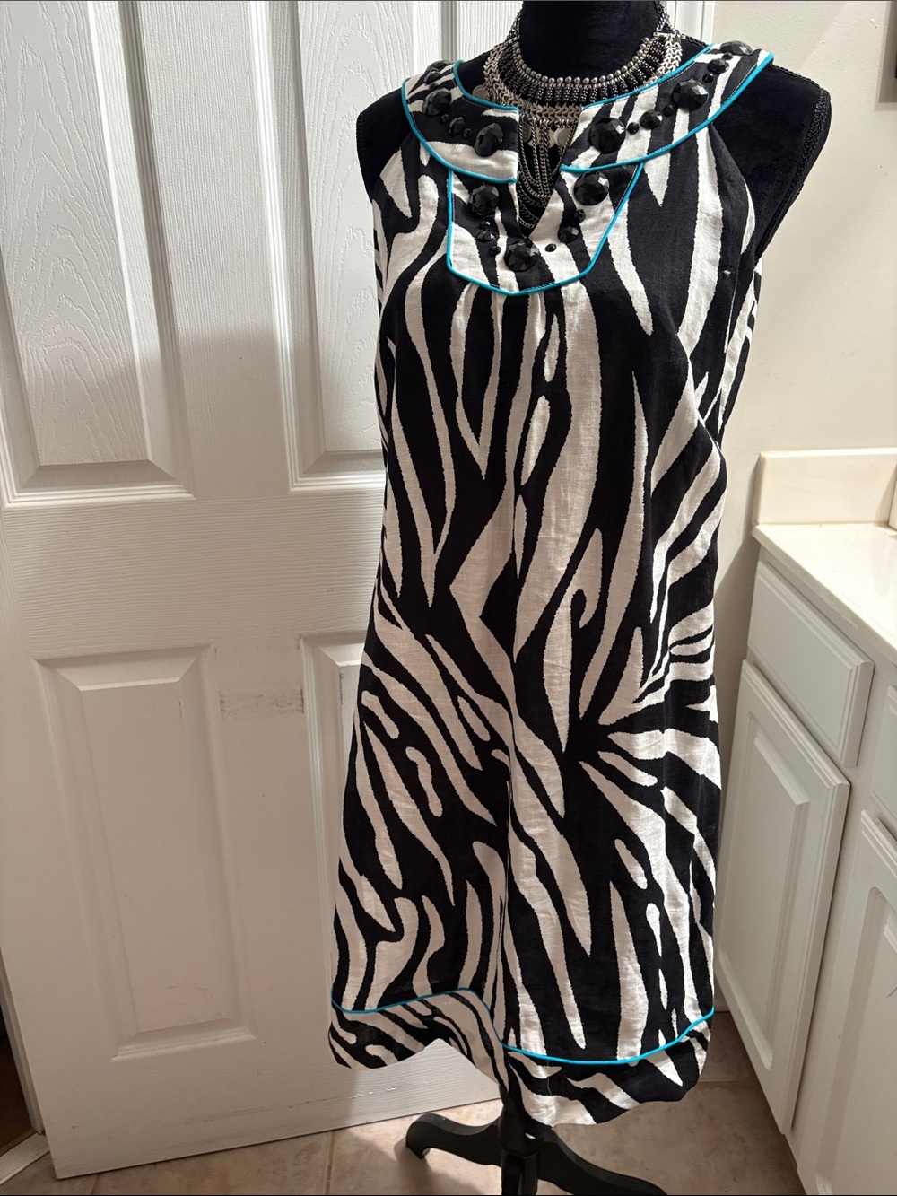 Multiples Black and White Zebra Print Sleeveless Dress with Teal Piping